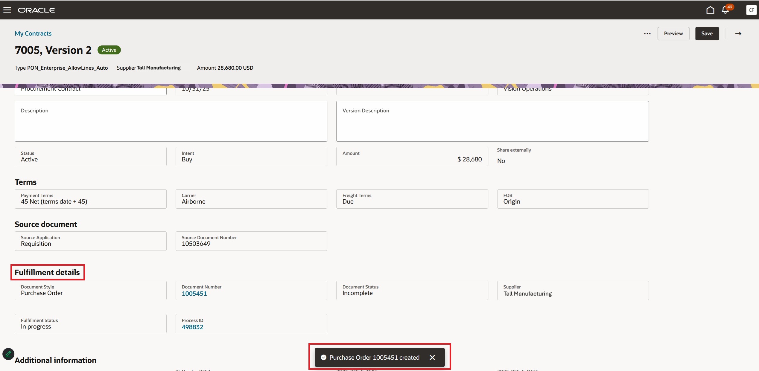 Fulfillment Details on Redwood Contract Page