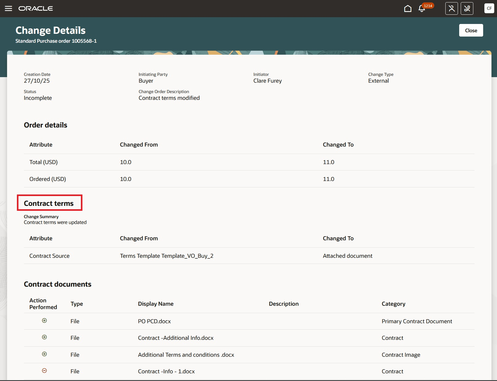 Fig: Contract Terms Section on View Change Details Page - Buyer View