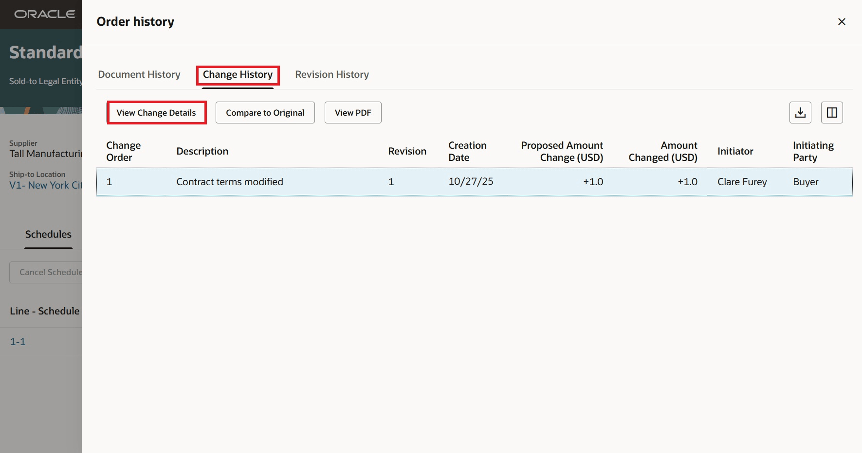 Fig: Contract Terms Section on View Change Details Page - Supplier View