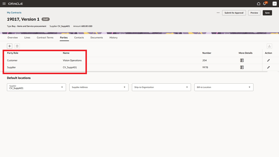 The Parties tab of the new contract, populated with the customer and supplier information.