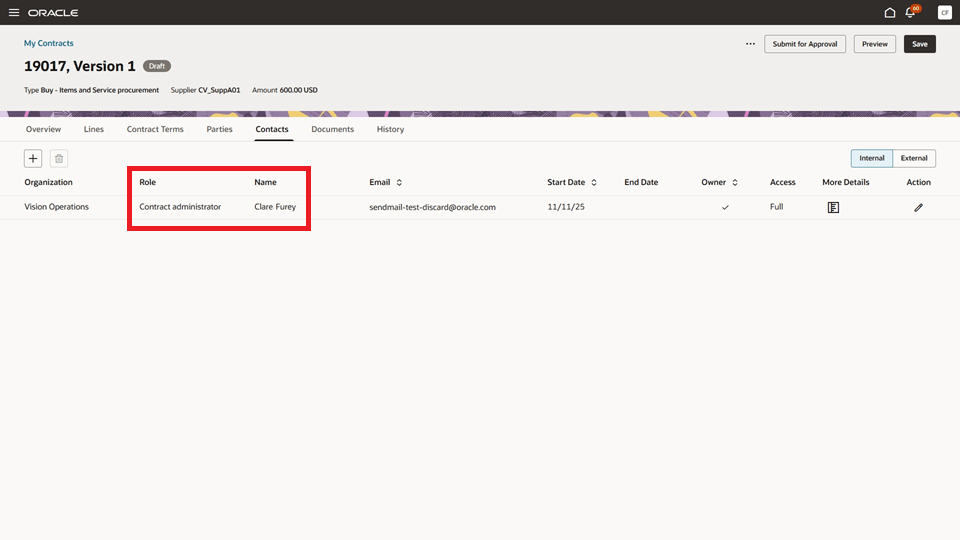 The Contacts tab of the new contract, showing the buyer listed as the Contract Administrator
