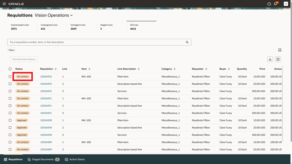 All Lines tab showing requisition lines with On contract status after processing into an Enterprise class contract