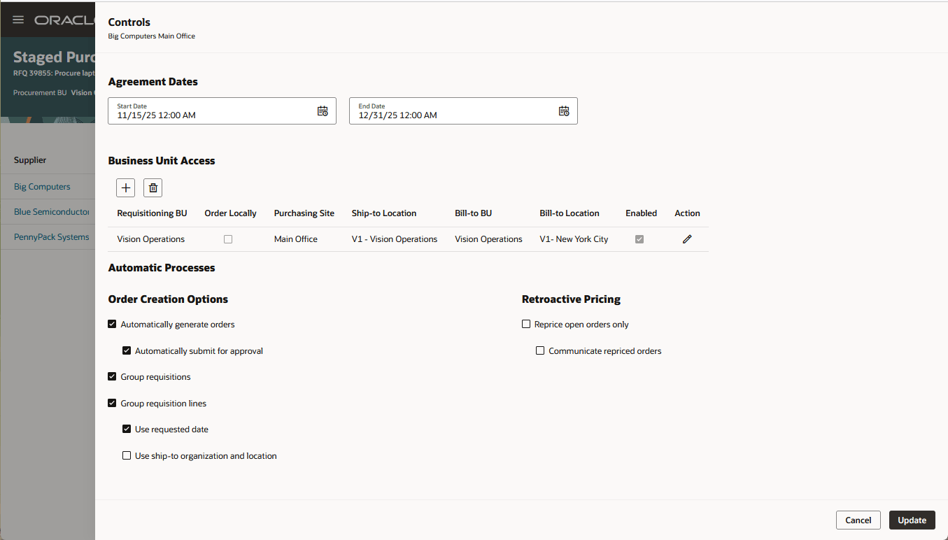 Update Controls for Staged Purchase Agreements