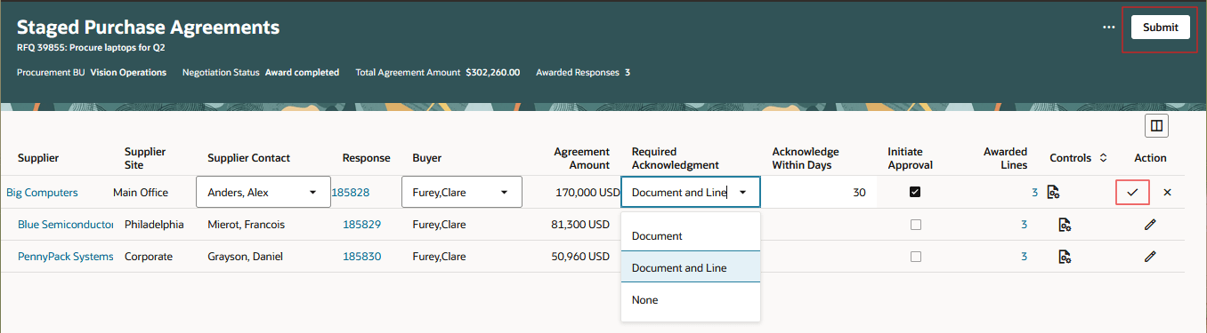 Edit Header Information for Staged Purchase Agreements
