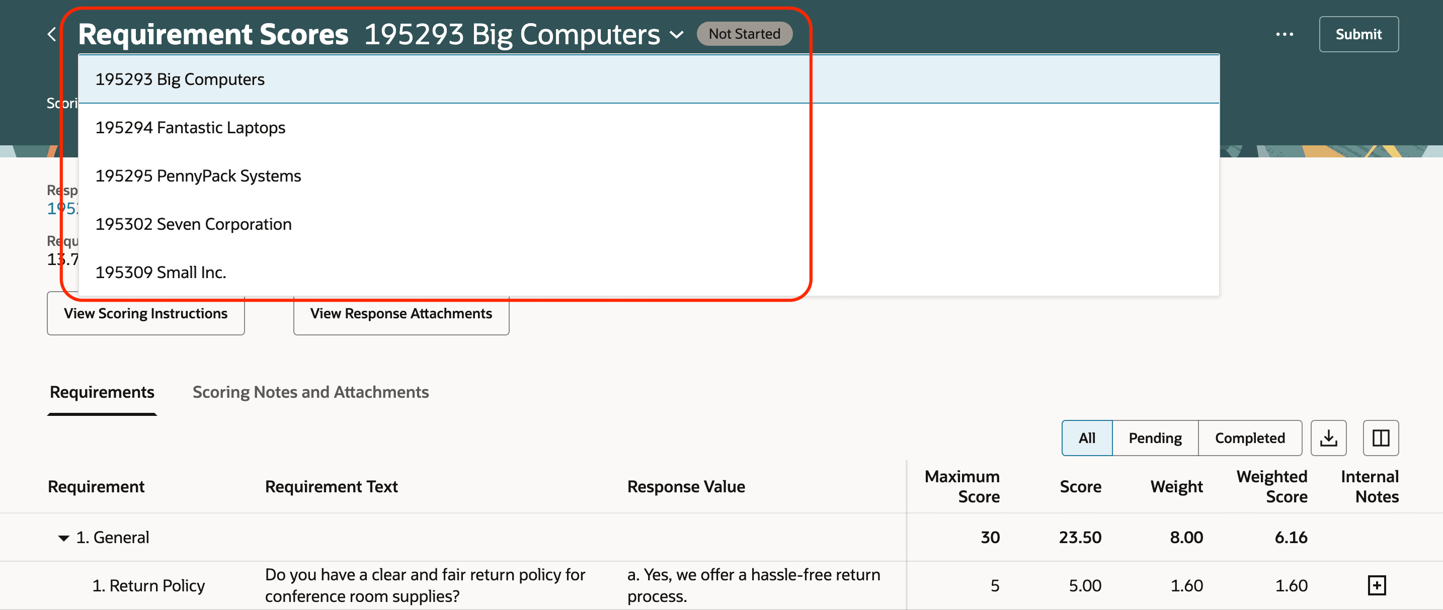 Response Switcher in Requirement Scores Page