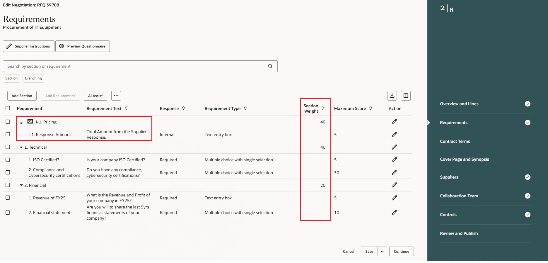 Assign weights to the Pricing Section