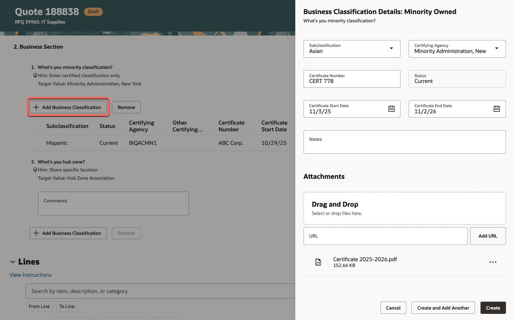 Add Business Classifications to Requirements in Create Response