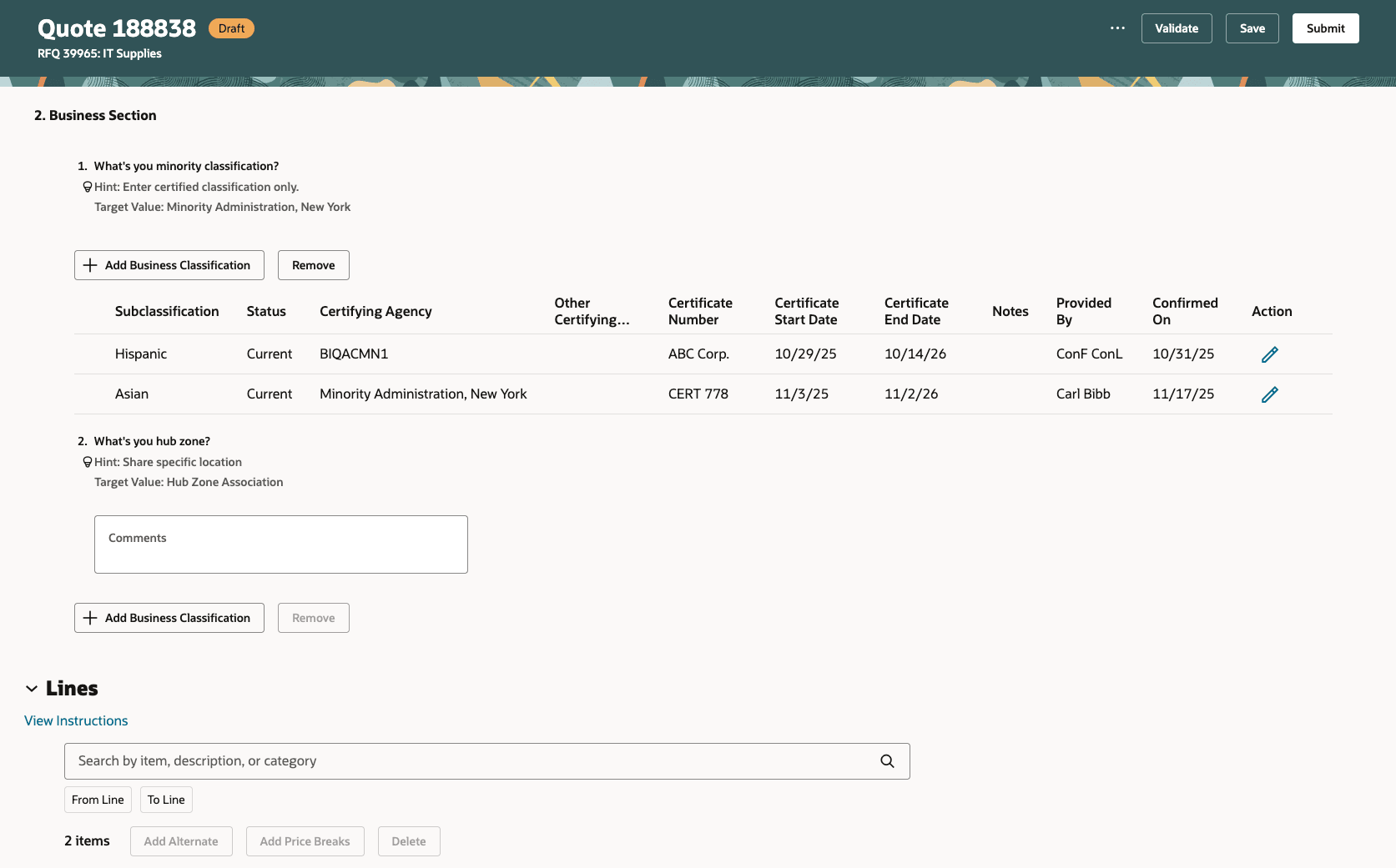 Business Classifications Added or Updated in Create Response