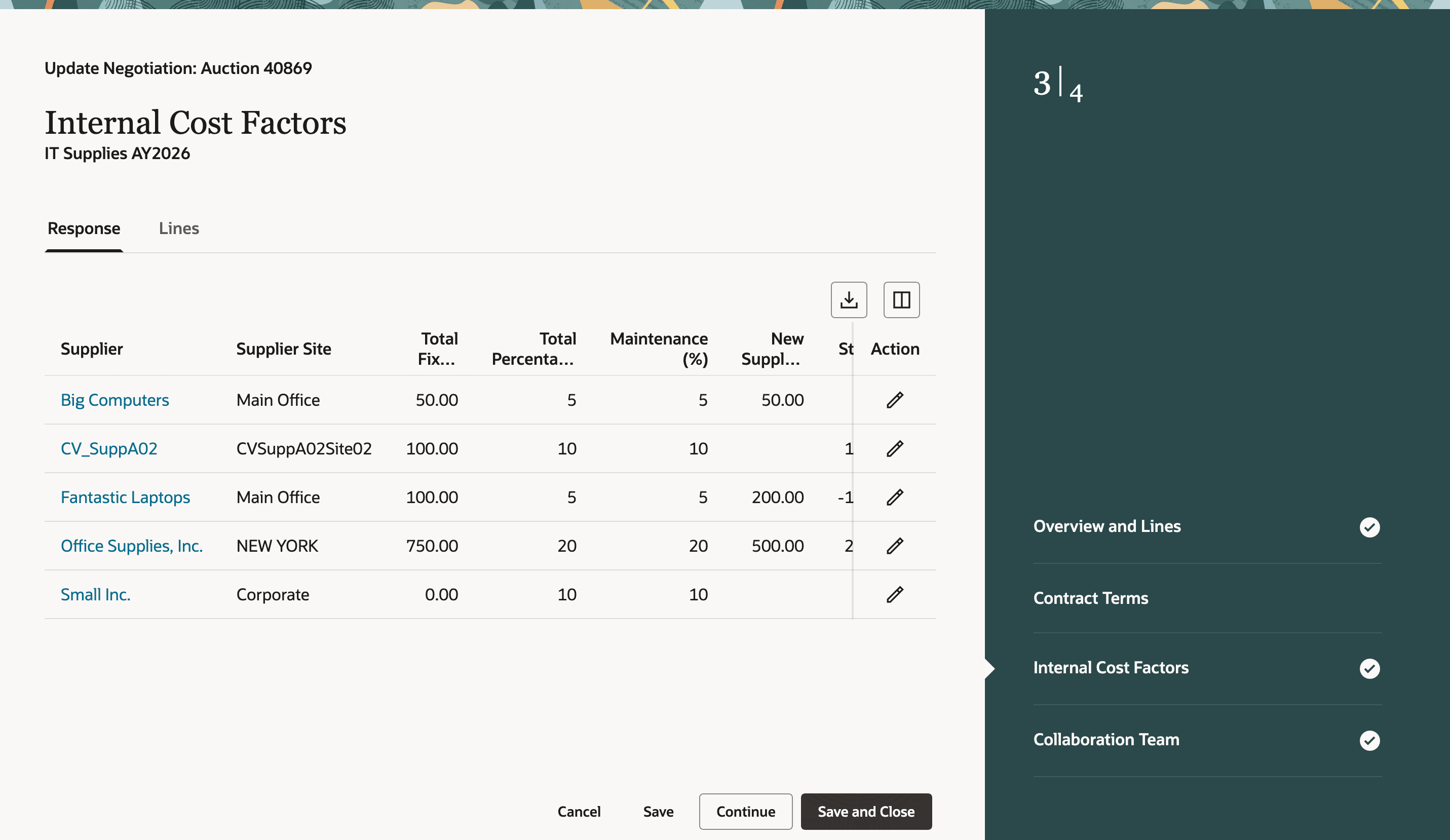 Update Internal Cost Factors for Supplier Responses