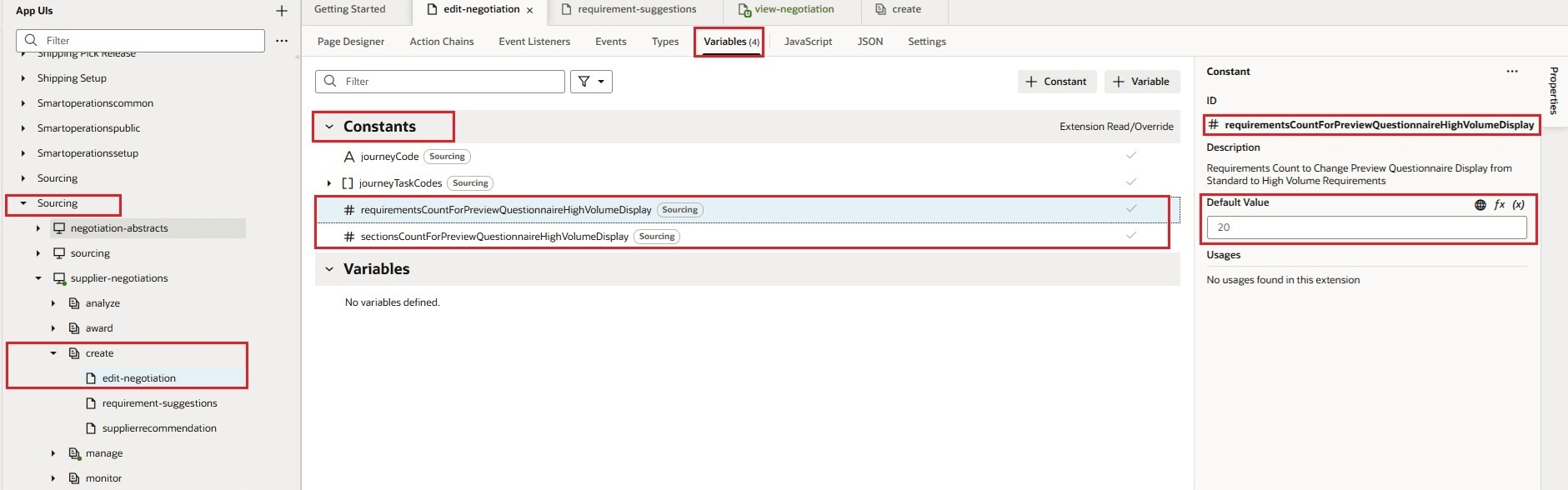 Business Rules constants setup for Requirements Count and Sections Count 