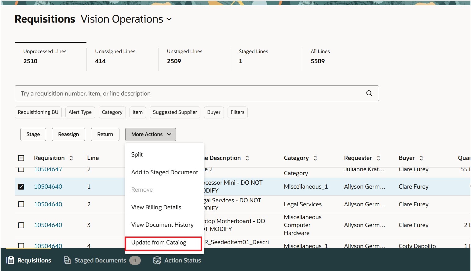 Update from Catalog Action in Process Requisitions