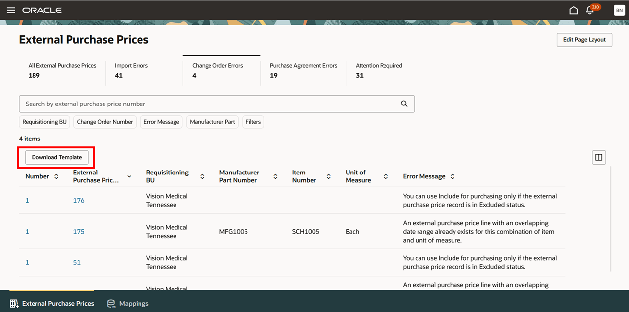 Change Order Errors page