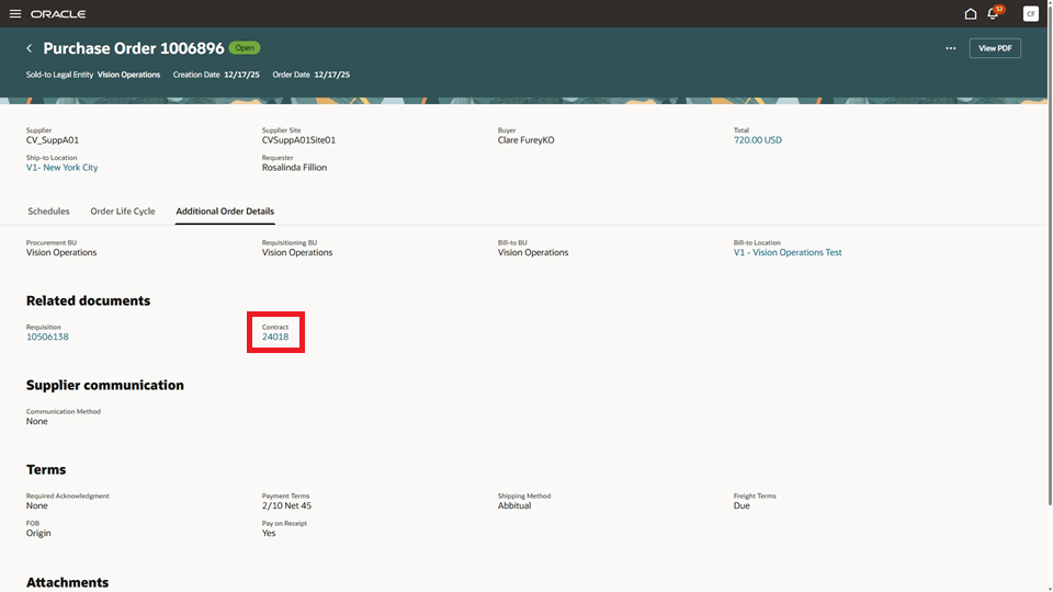 Contract Reference on the Additional Order Details Tab of a Purchase Order