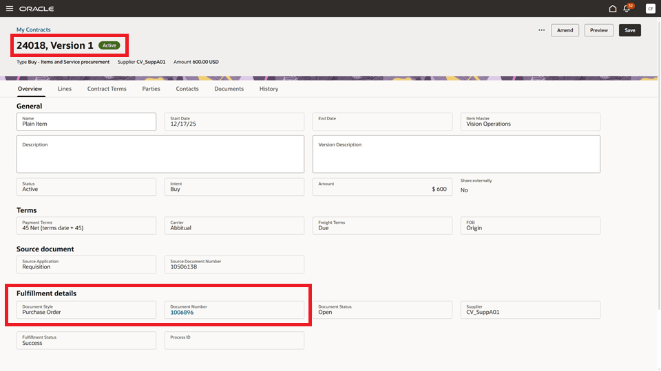 The Source Enterprise Contract is Displayed after Drilling Down from the Associated Purchasing Document