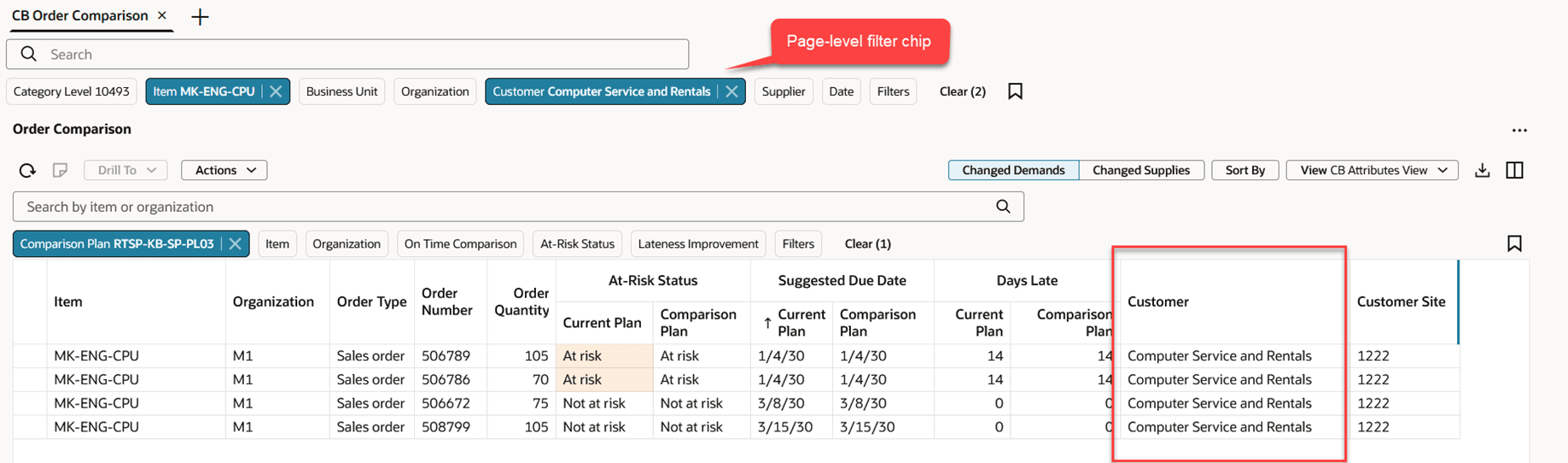 Changed Demands Filtered Using Page-Level Customer and Item Filter Chips