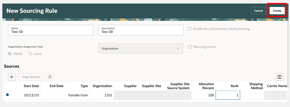 Click Create Button to Create New Sourcing Rule