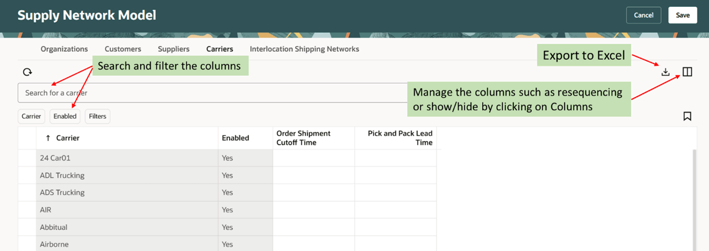 Actions available in Carriers Tab