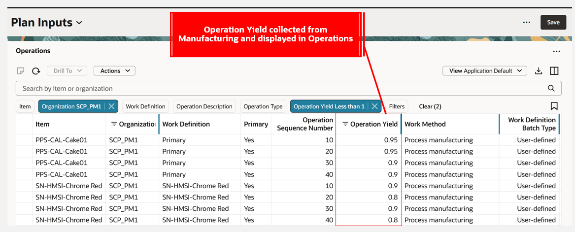 Operation Yield and Work Definition Batch Type Columns 