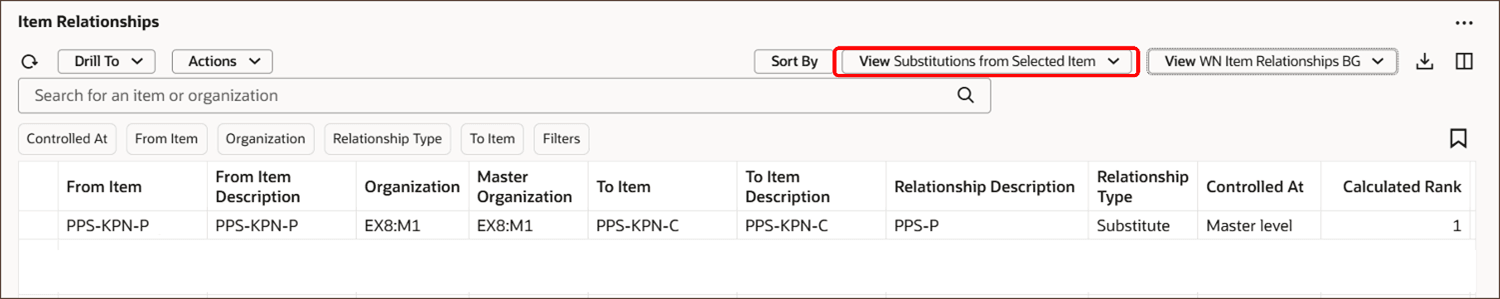 View Substitutions from Selected Item