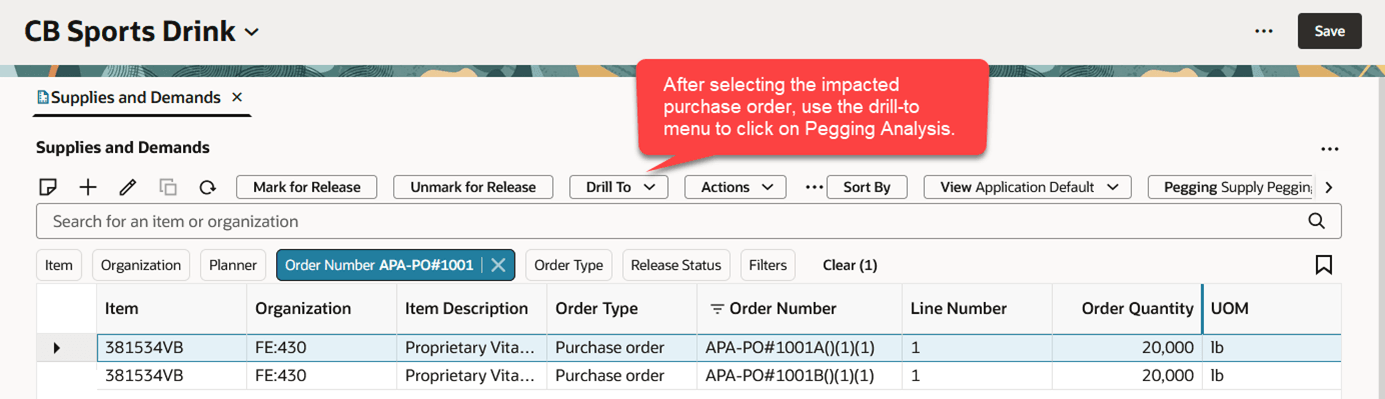 Opening Pegging Analysis Using Drill To Menu
