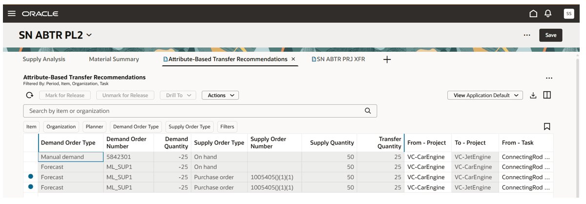 Attribute-Based Transfer Recommendations Page Displays Details for the Planning Attributes Reference from the Attribute Transfer Demand Measure 