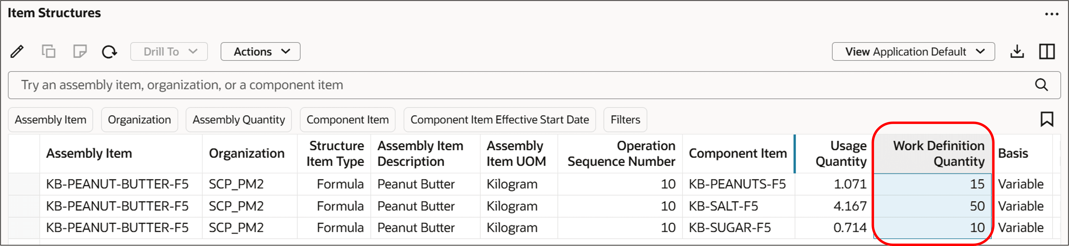 Work Definition Quantity and Structure Item Type Columns