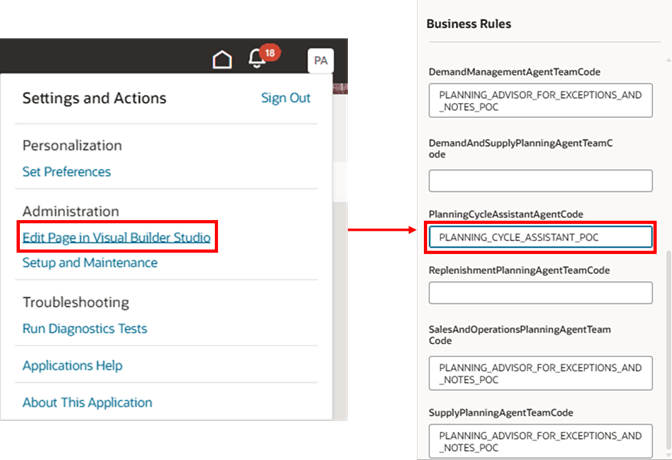 Edit Page in Visual Builder Studio and Set the PlanningCycleAssistantAgentCode Constant