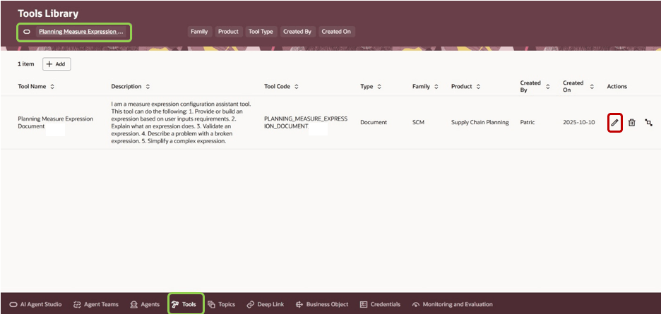 Planning Measure Expression Document on Tools Tab
