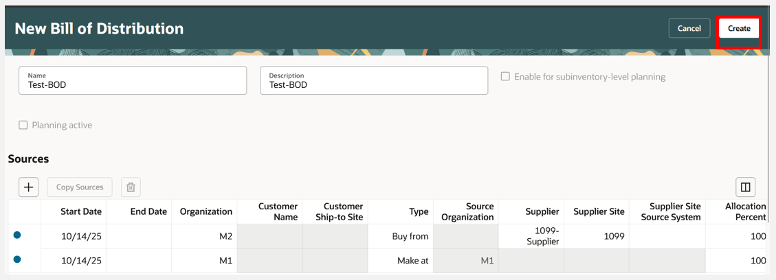 Click Create Button to Create New Bill of Distribution