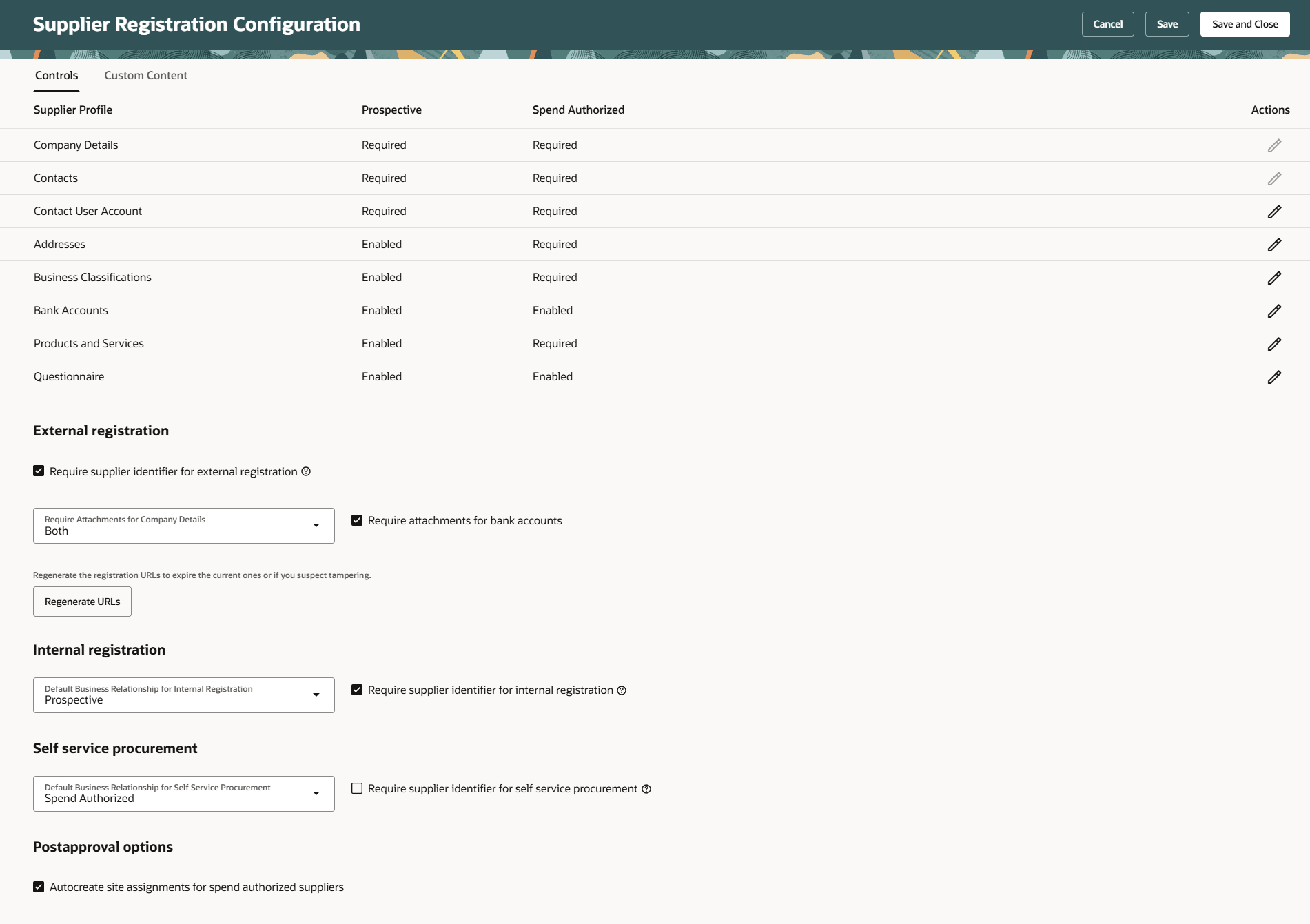 Supplier Registration Configuration - Controls