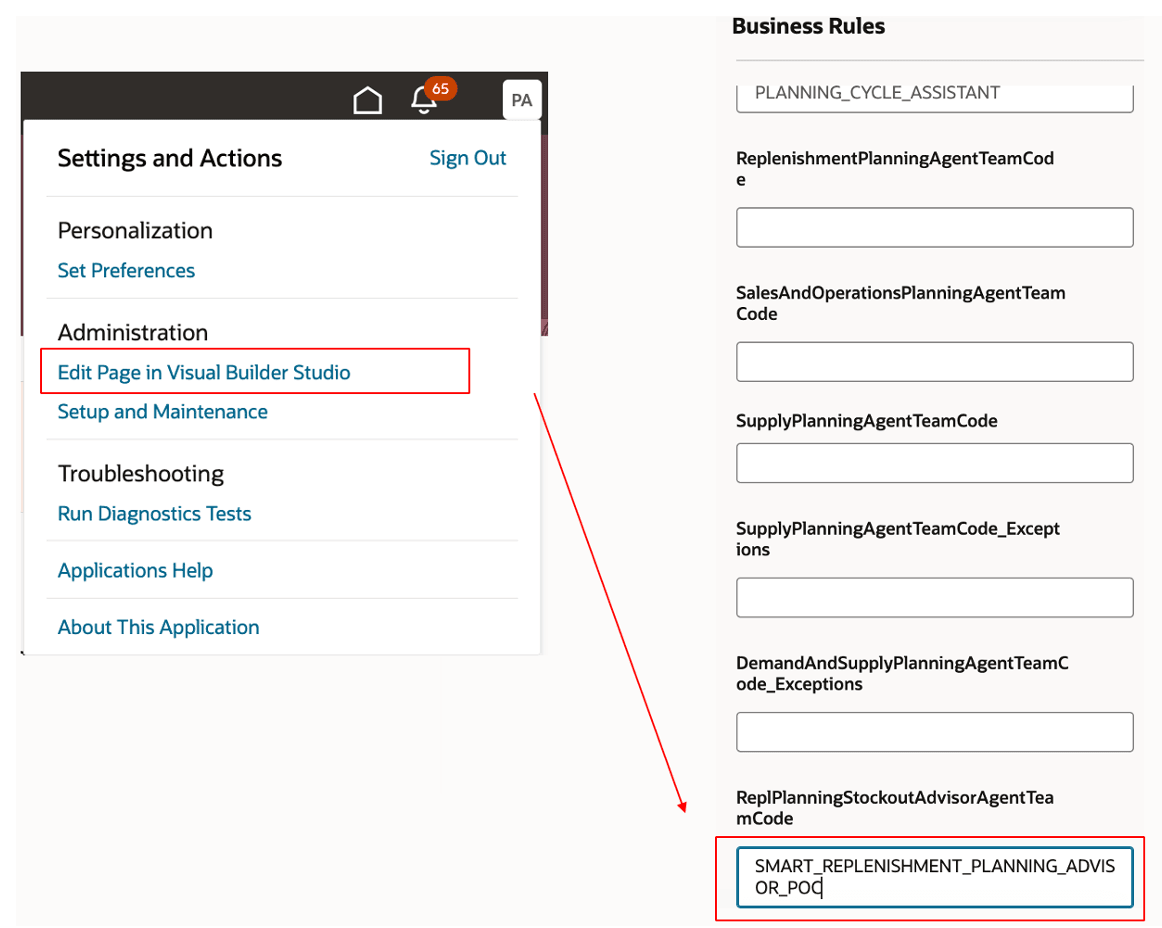 Settings and Actions Menu and Business Rules Panel