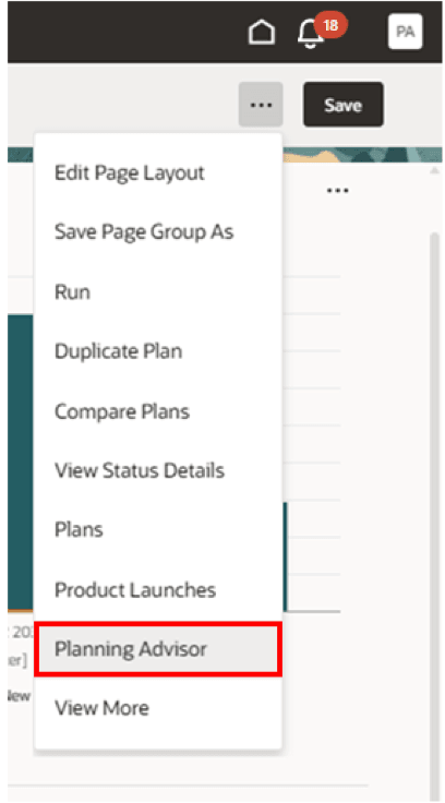 Menu Item for Planning Advisor on More Actions Menu