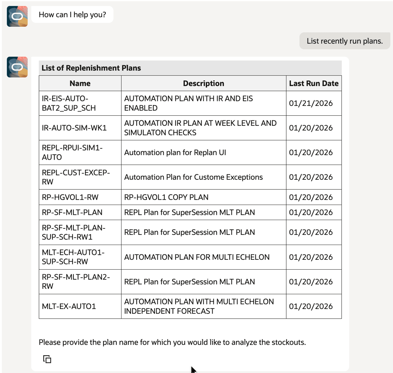 List of Recently Run Replenishment Plans in Planning Advisor Drawer