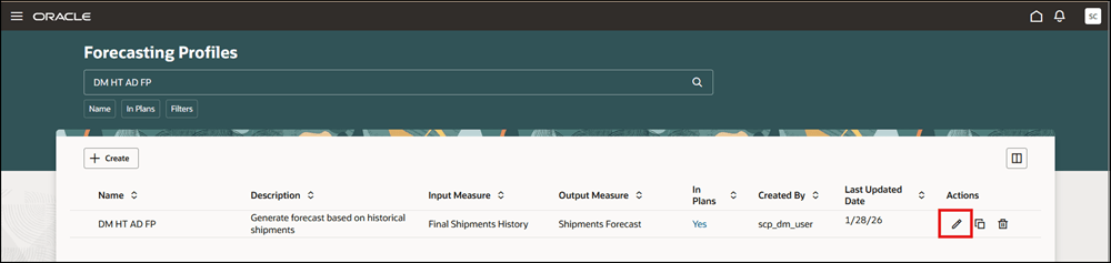 Edit Icon for Selected Forecasting Profile