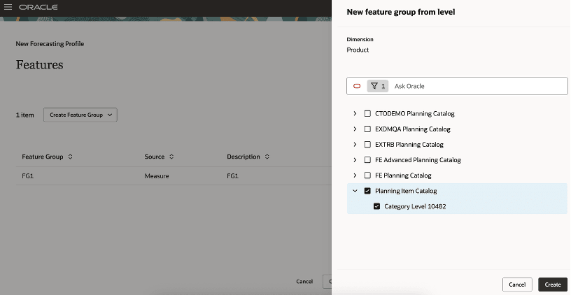 Drawer for Creating Feature Group Based on Product Dimension Levels for External Machine Learning