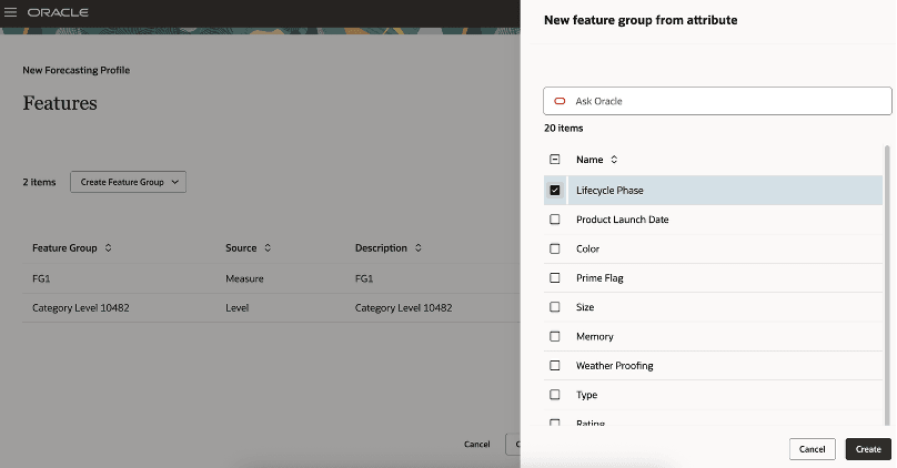 Drawer for Creating Feature Group Based on Item Attributes for External Machine Learning