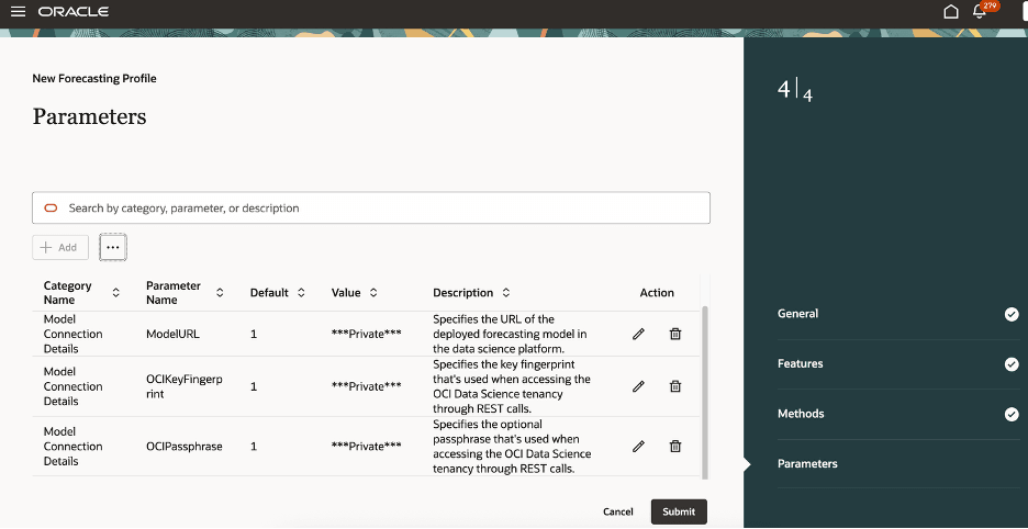 Parameters Step in Guided Process for Creating Forecasting Profile for External Machine Learning