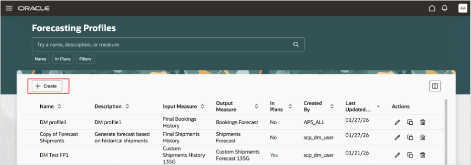 Create Button on Forecasting Profiles Page