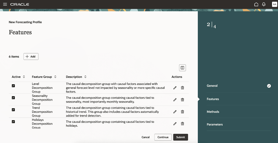 Features Step in Guided Process for Creating Forecasting Profile for Bayesian Machine Learning