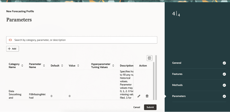 Parameters Step in Guided Process for Creating Forecasting Profile for Bayesian Machine Learning