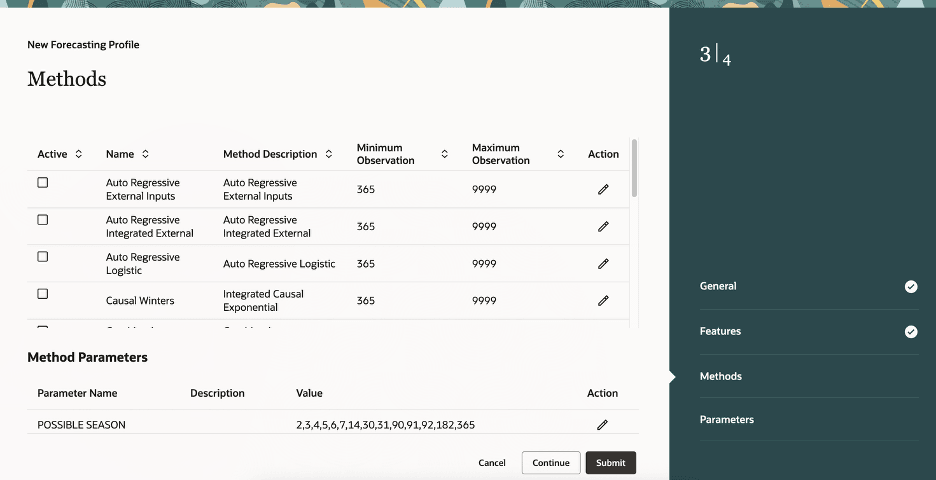 Methods Step in Guided Process for Creating Forecasting Profile for Bayesian Machine Learning