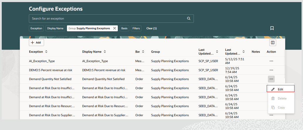 Select the Edit Action for an Order-Based Exception