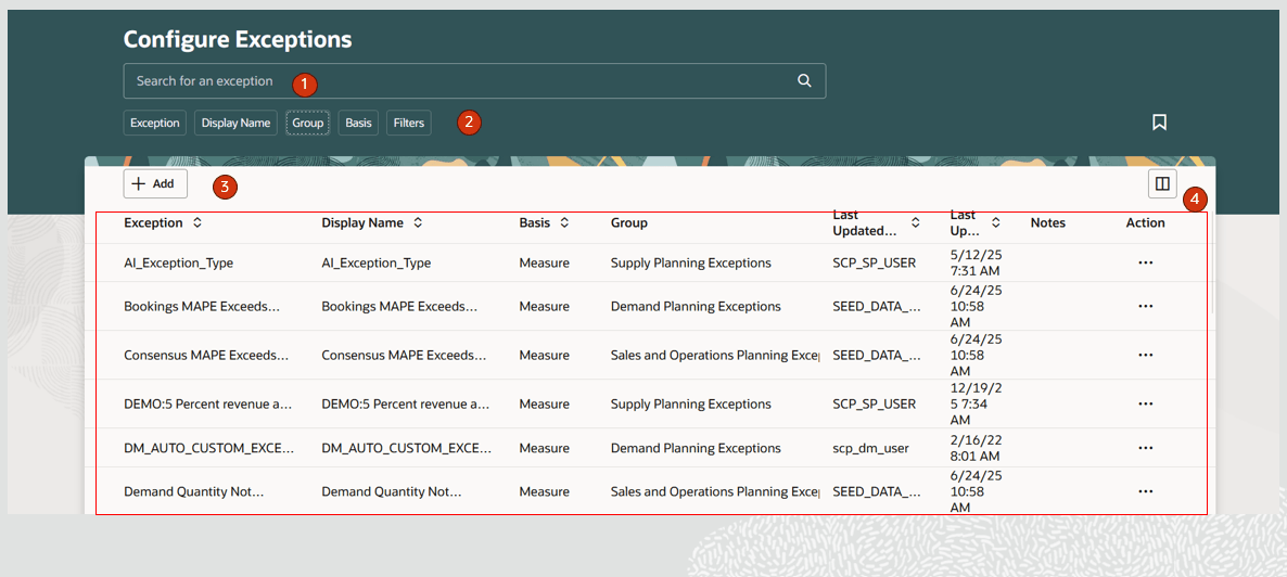 Configure Exceptions Page