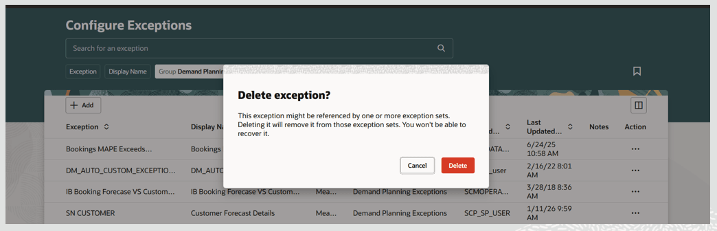 Confirmation to Delete an Exception