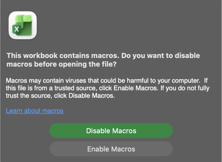 Disable macros security warning