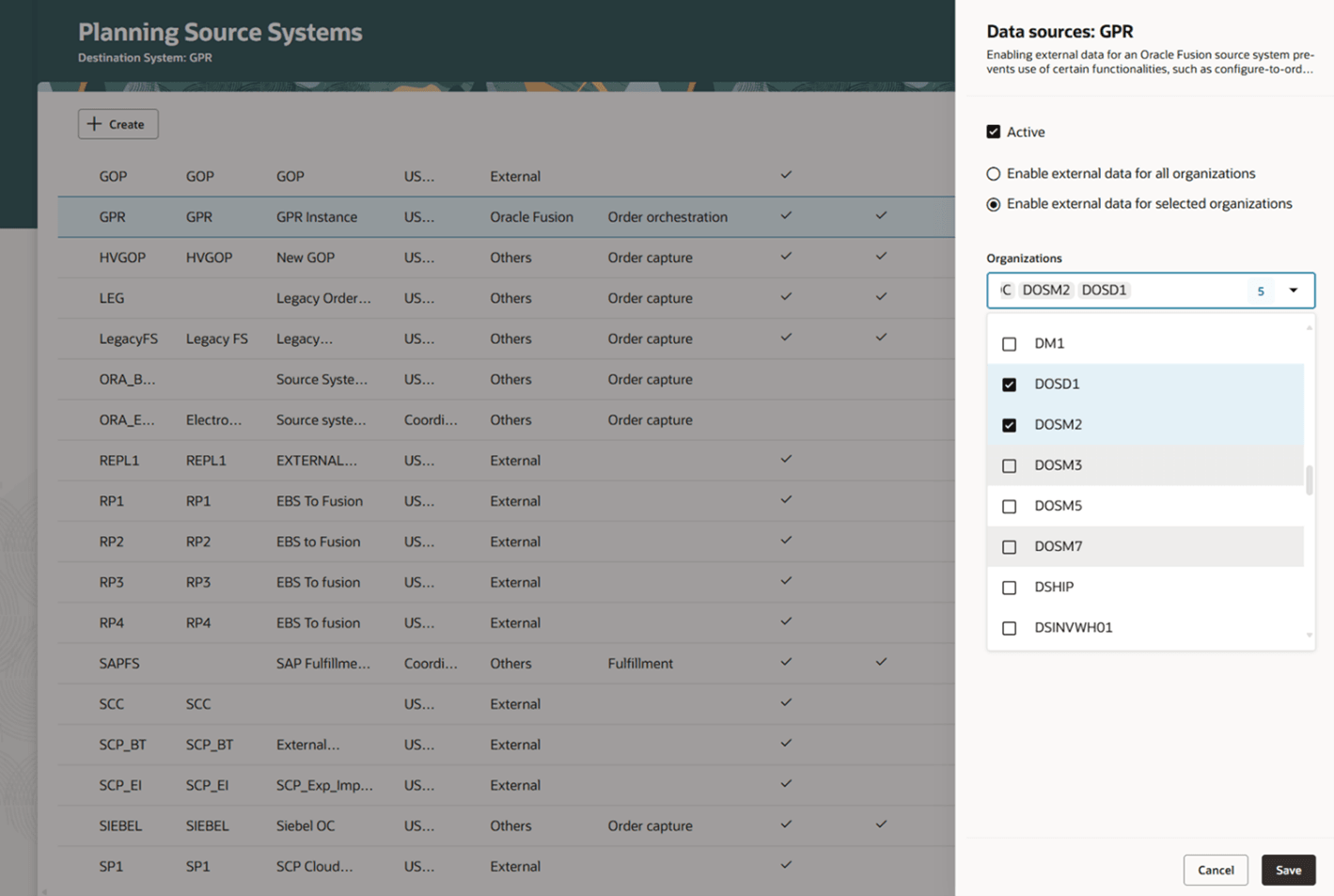 Select Organizations for External Sources.