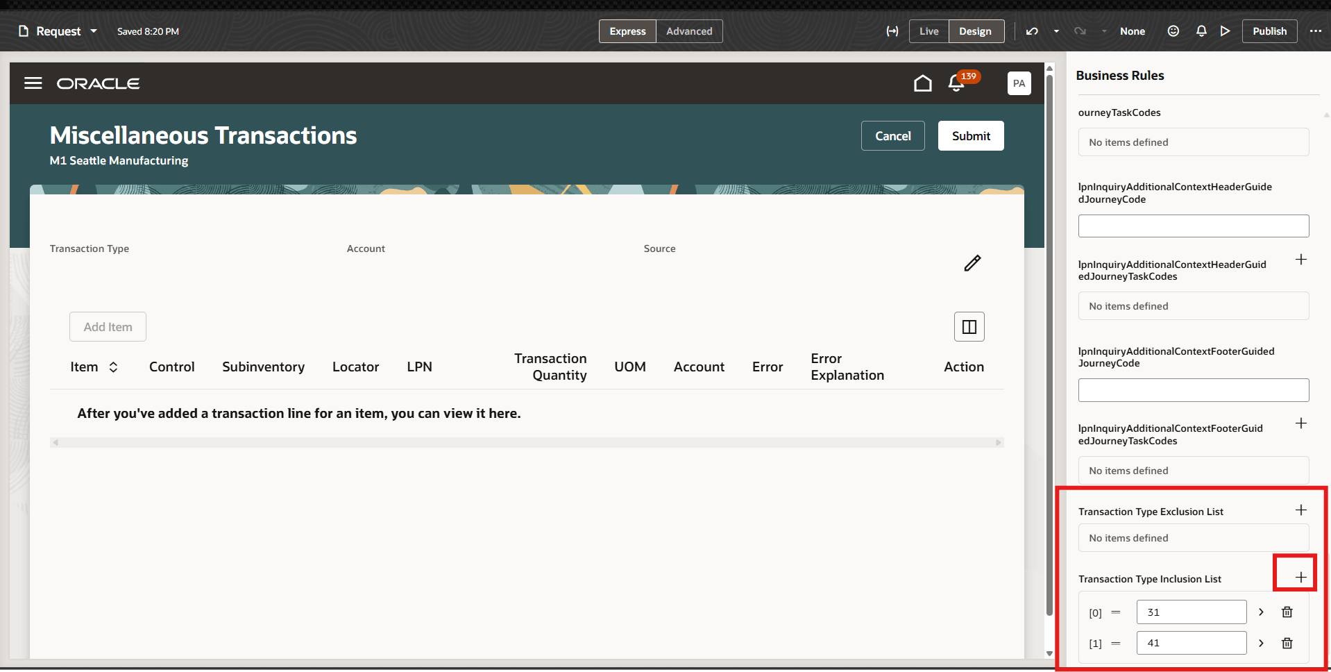 Exclude include transaction types via business rules