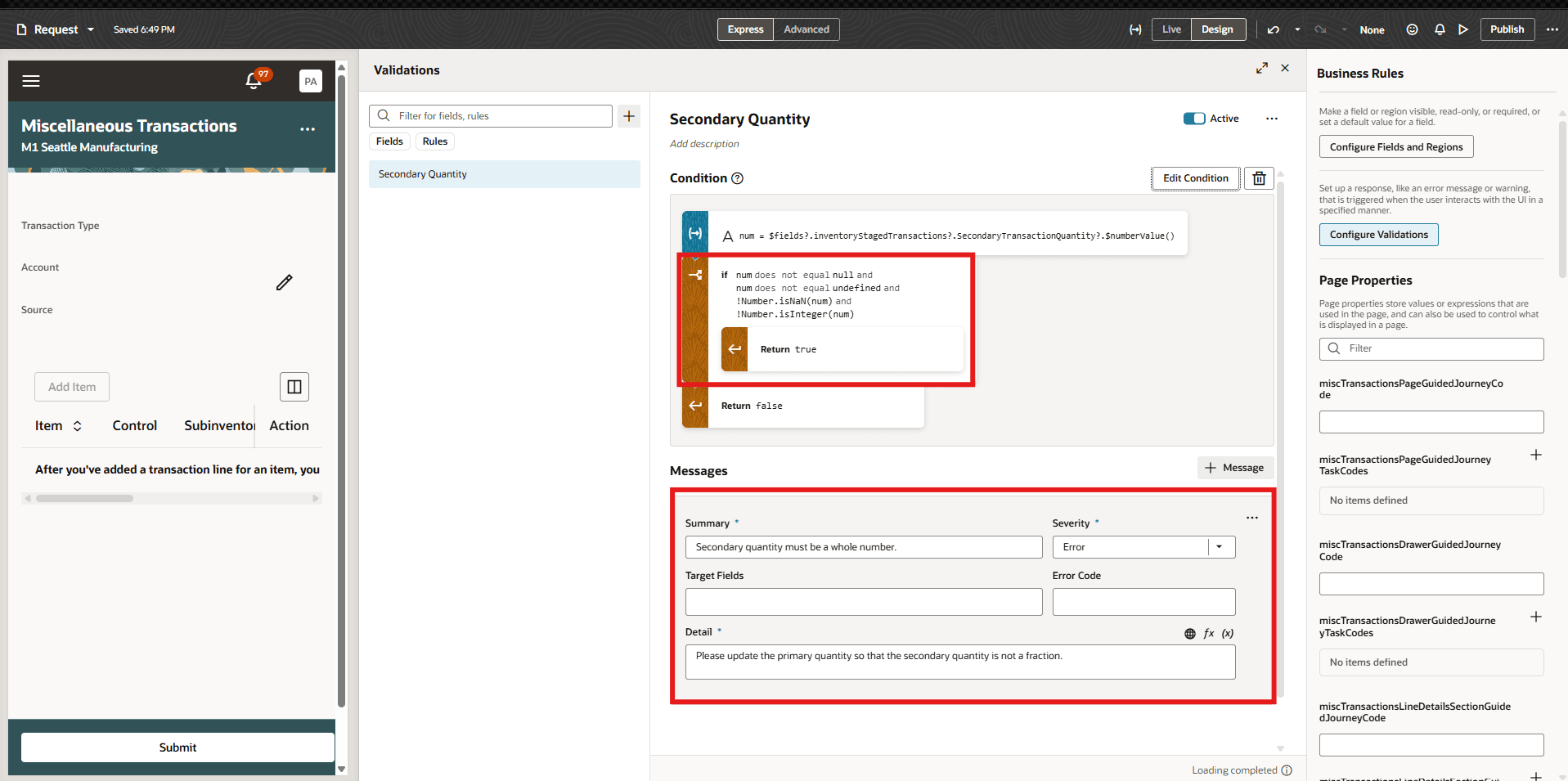 Validation expression and message for secondary quantity check