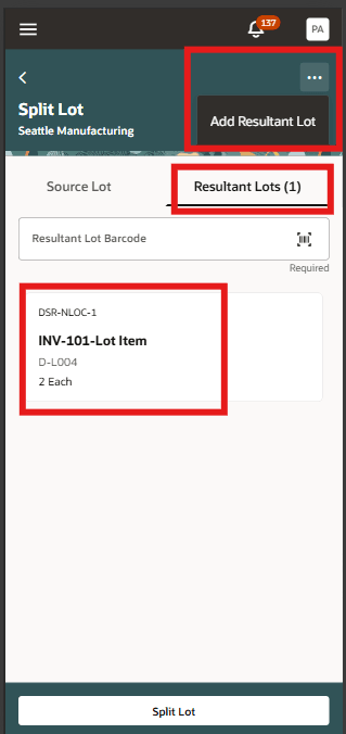 Ad resultant lot for Split lot
