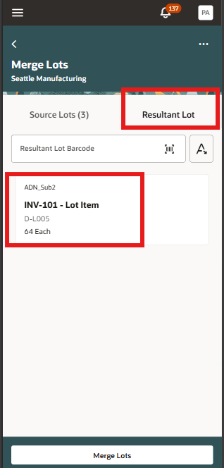 Ad resultant lot for merge lot
